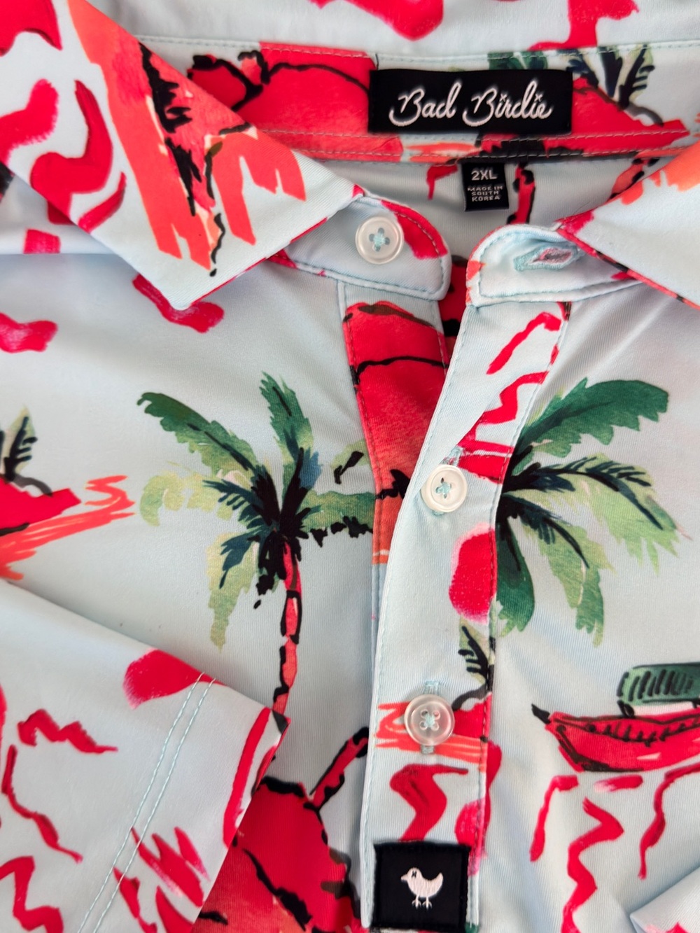 Bad Birdie Men’s “Red Rocks” Polo in Light Blue and Coral with Green Palms - XXL